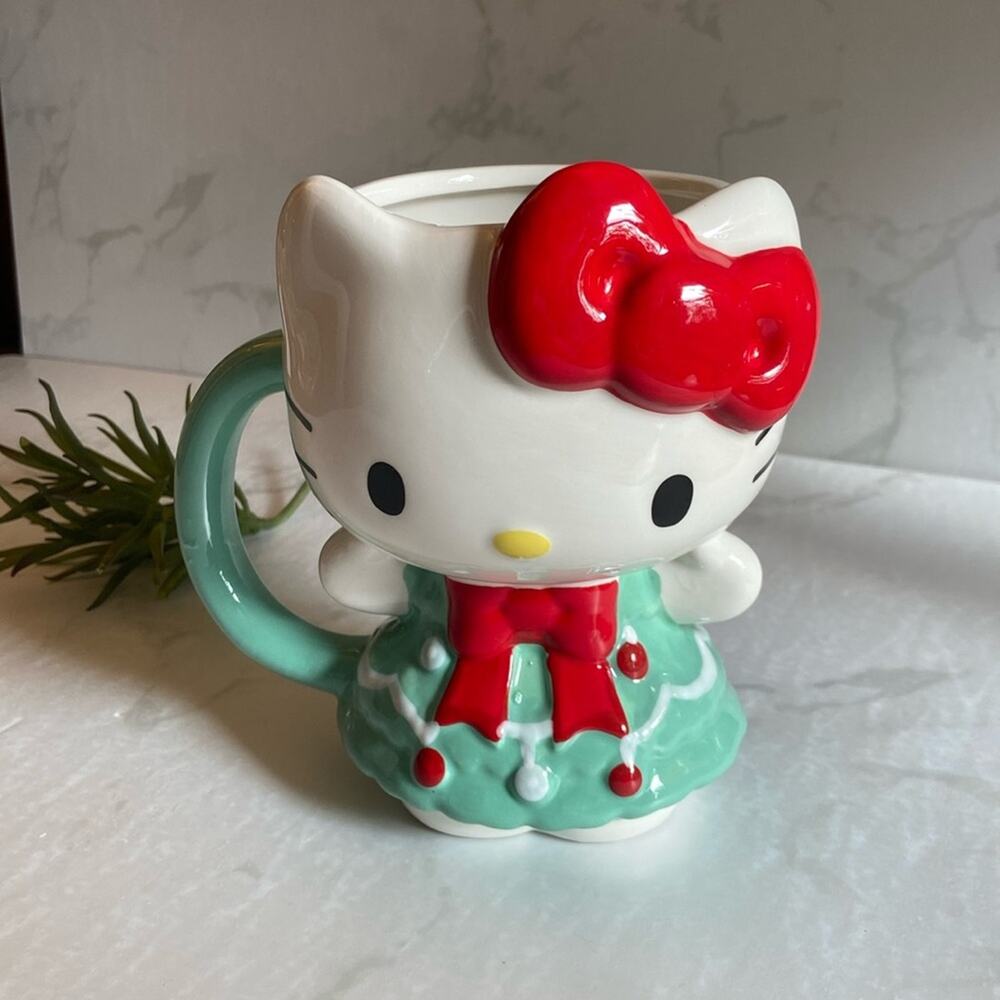 Sanrio Hello Kitty Christmas Tree Holiday Mug Cup Viral Cute White Green Red Bow